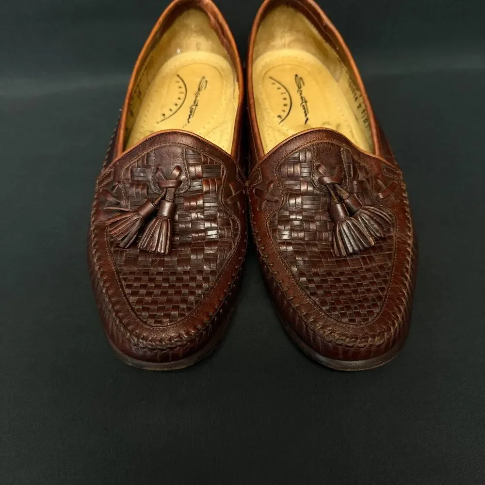 Santoni Vero Cuoio Loafers Mens 7.5D Brown Tassle Woven Italy Leather Dress Shoe